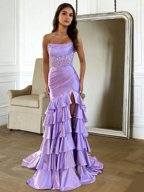 Sheath/Column Corset Prom Dresses Strapless Sleeveless Floor-Length Satin Dress With Ruffles