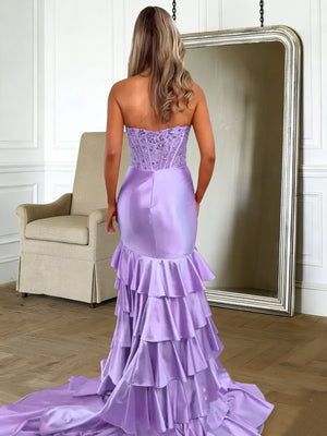 Sheath/Column Corset Prom Dresses Strapless Sleeveless Floor-Length Satin Dress With Ruffles