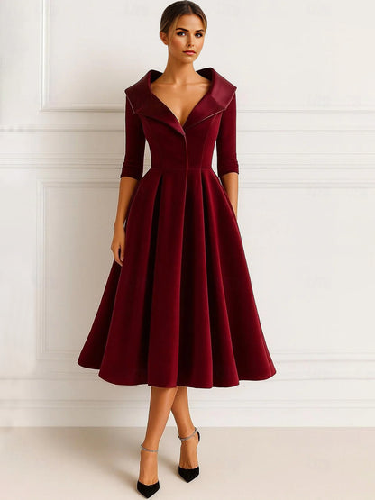 A Line Mother Of The Bride Dress Velvet Formal Dress Long Sleeves Elegant Tea Length Christmas Shirt Collar With Pocket