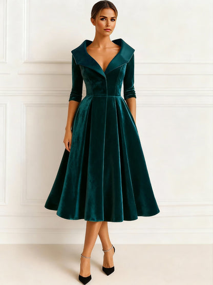 A Line Mother Of The Bride Dress Velvet Formal Dress Long Sleeves Elegant Tea Length Christmas Shirt Collar With Pocket