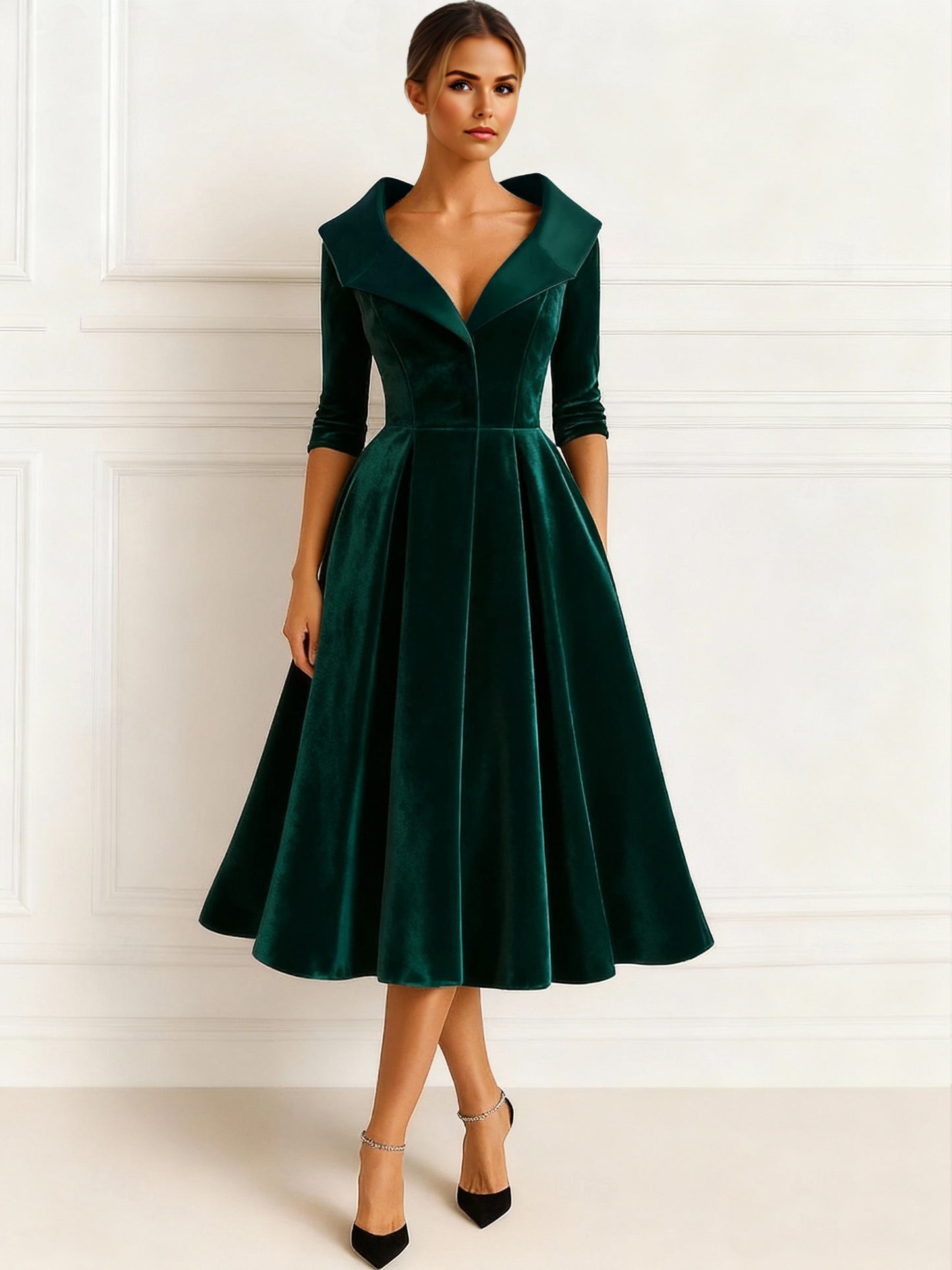 A Line Mother Of The Bride Dress Velvet Formal Dress Long Sleeves Elegant Tea Length Christmas Shirt Collar With Pocket