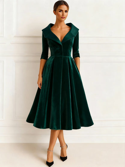 A Line Mother Of The Bride Dress Velvet Formal Dress Long Sleeves Elegant Tea Length Christmas Shirt Collar With Pocket