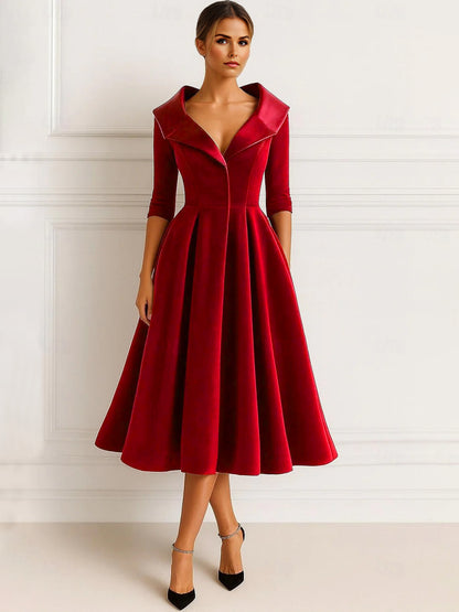 A Line Mother Of The Bride Dress Velvet Formal Dress Long Sleeves Elegant Tea Length Christmas Shirt Collar With Pocket