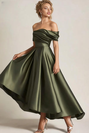 A Line Cocktail Dress Satin Party Dress Ruched Off the Shoulder Ruched Formal Elegant Dress Ankle Length With Pocket