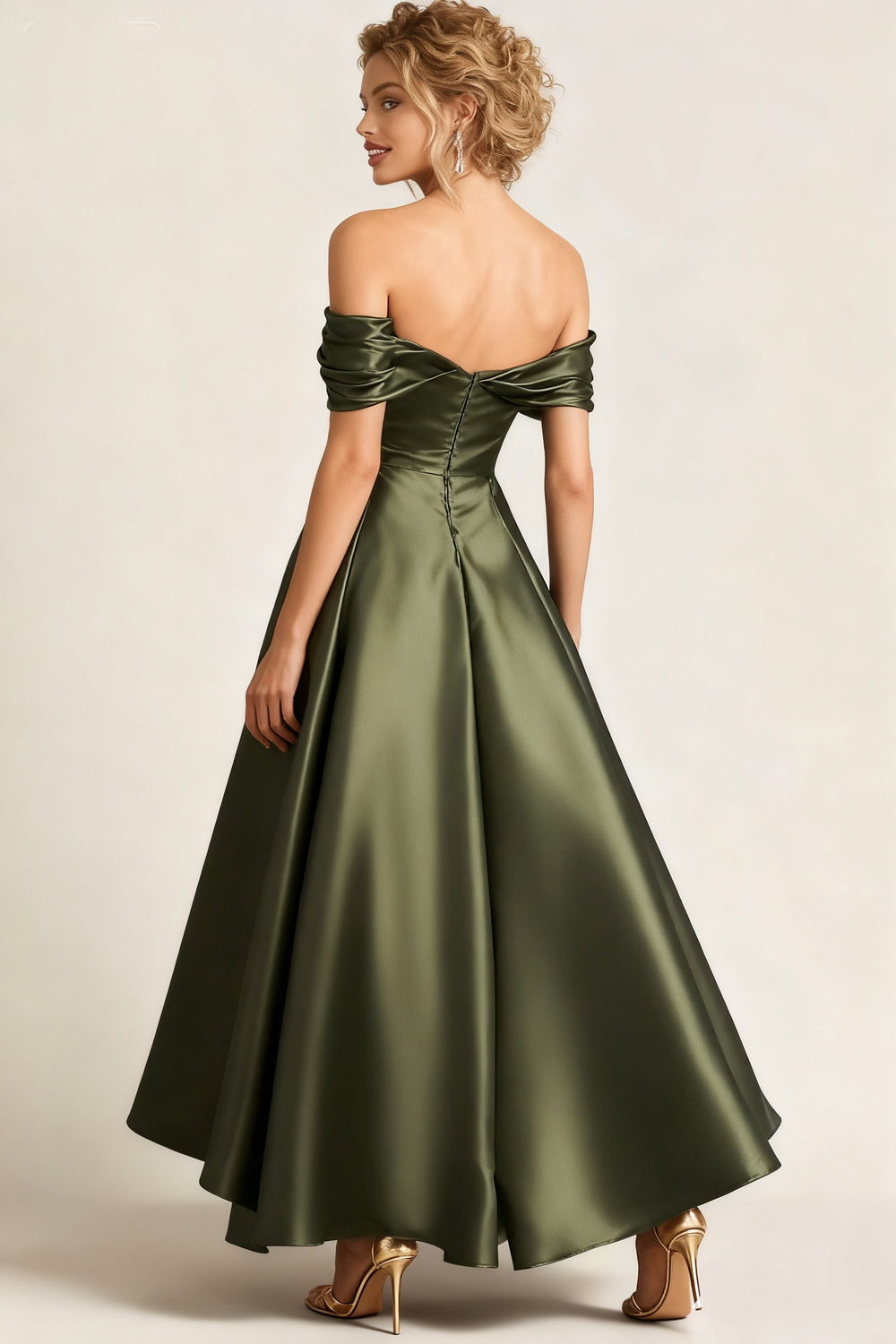 A Line Cocktail Dress Satin Party Dress Ruched Off the Shoulder Ruched Formal Elegant Dress Ankle Length With Pocket