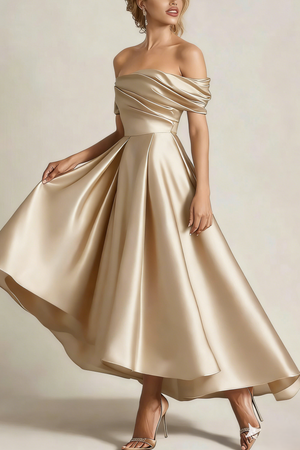 A Line Cocktail Dress Satin Party Dress Ruched Off the Shoulder Ruched Formal Elegant Dress Ankle Length With Pocket