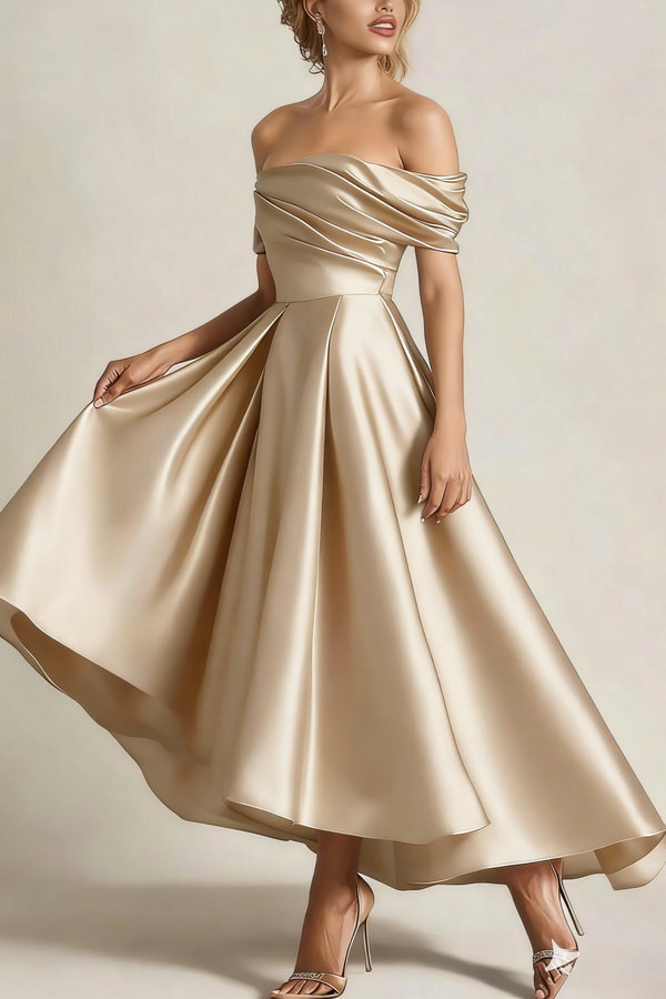 A Line Cocktail Dress Satin Party Dress Ruched Off the Shoulder Ruched Formal Elegant Dress Ankle Length With Pocket