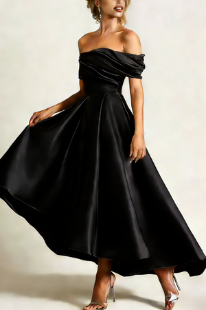 A Line Cocktail Dress Satin Party Dress Ruched Off the Shoulder Ruched Formal Elegant Dress Ankle Length With Pocket