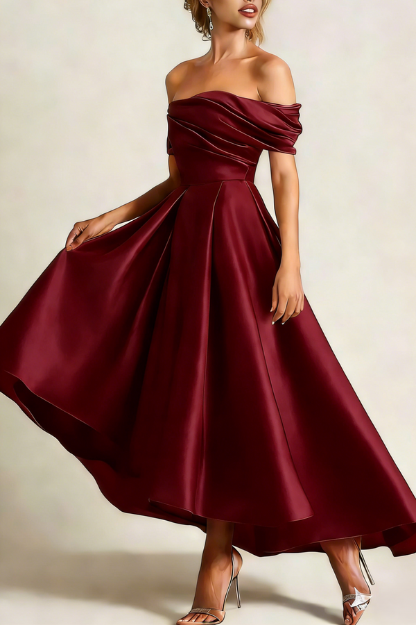 A Line Cocktail Dress Satin Party Dress Ruched Off the Shoulder Ruched Formal Elegant Dress Ankle Length With Pocket