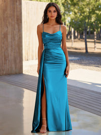Sheath/Column Long Formal Prom Dress Spaghetti Straps Corset Sleeveless Floor-length Ruched