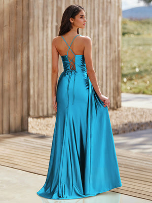 Sheath/Column Long Formal Prom Dress Spaghetti Straps Corset Sleeveless Floor-length Ruched