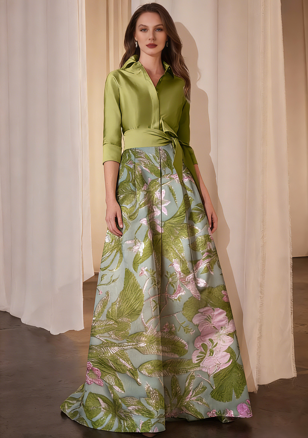 A-Line/Princess Evening Dresses Colorblock Floral Formal Shirt Collar Short Sleeves Floor-Length with Pocket