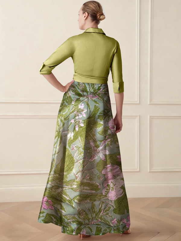 A-Line/Princess Evening Dresses Colorblock Floral Formal Shirt Collar Short Sleeves Floor-Length with Pocket