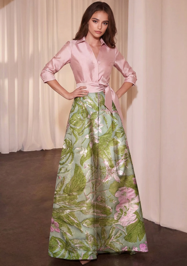 A-Line/Princess Evening Dresses Colorblock Floral Formal Shirt Collar Short Sleeves Floor-Length with Pocket