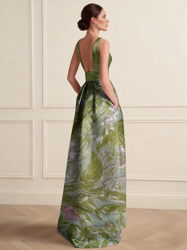 A-Line Cocktail Dress Elegant Jacquard Floral Dress Floor Length Sleeveless V Neck with Pocket Wedding Guest Dress