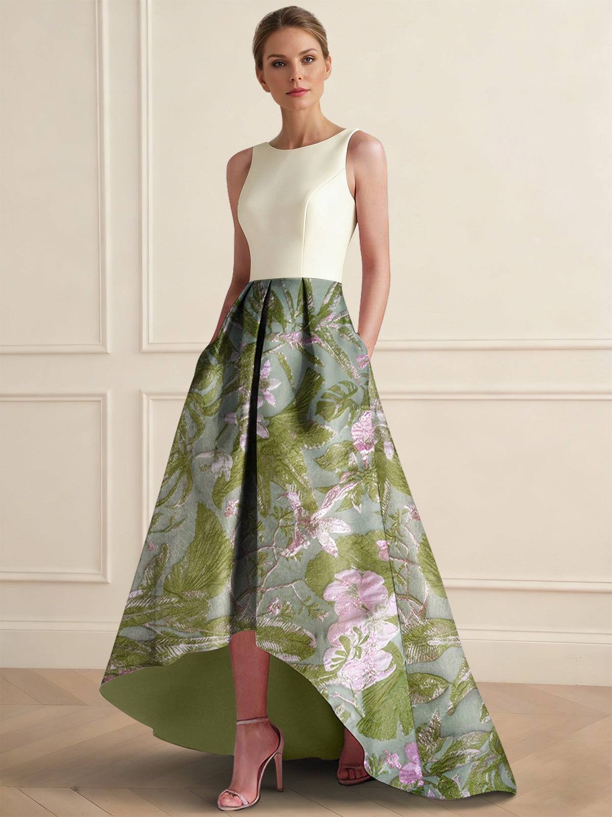 Nafori Sage A-Line Cocktail Dress Elegant Jacquard Floral Dress Floor Length Sleeveless V Neck with Pocket Wedding Guest Dress 2026