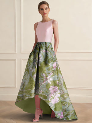 A-Line Cocktail Dress Elegant Jacquard Floral Dress Floor Length Sleeveless V Neck with Pocket Wedding Guest Dress