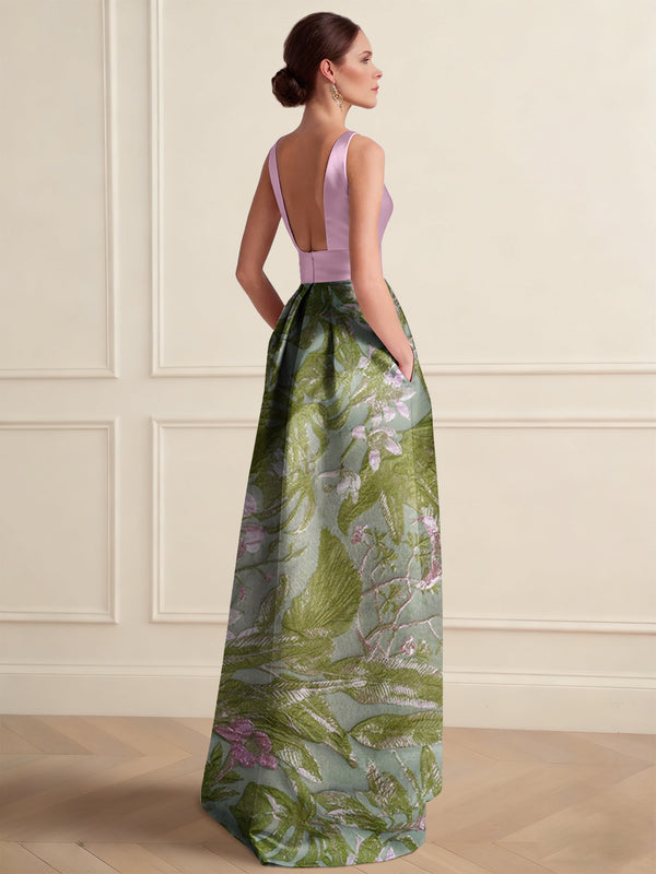 A-Line Cocktail Dress Elegant Jacquard Floral Dress Floor Length Sleeveless V Neck with Pocket Wedding Guest Dress