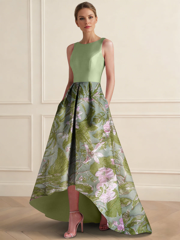 A-Line Cocktail Dress Elegant Jacquard Floral Dress Floor Length Sleeveless V Neck with Pocket Wedding Guest Dress