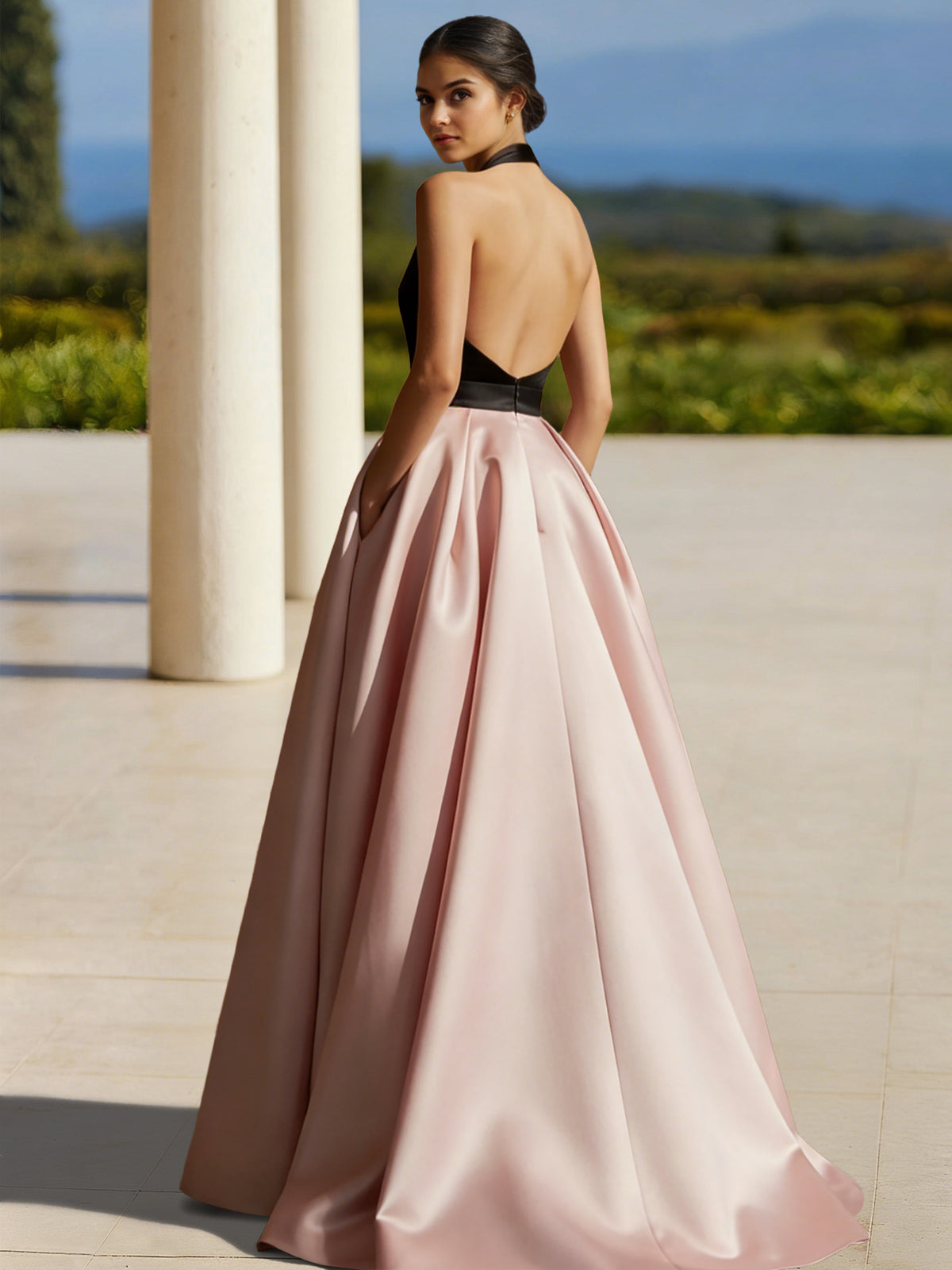 A-Line Evening Gown Colorblock Formal Dress Floor Length Sleeveless Halter-Neck with Slit Pocket Prom