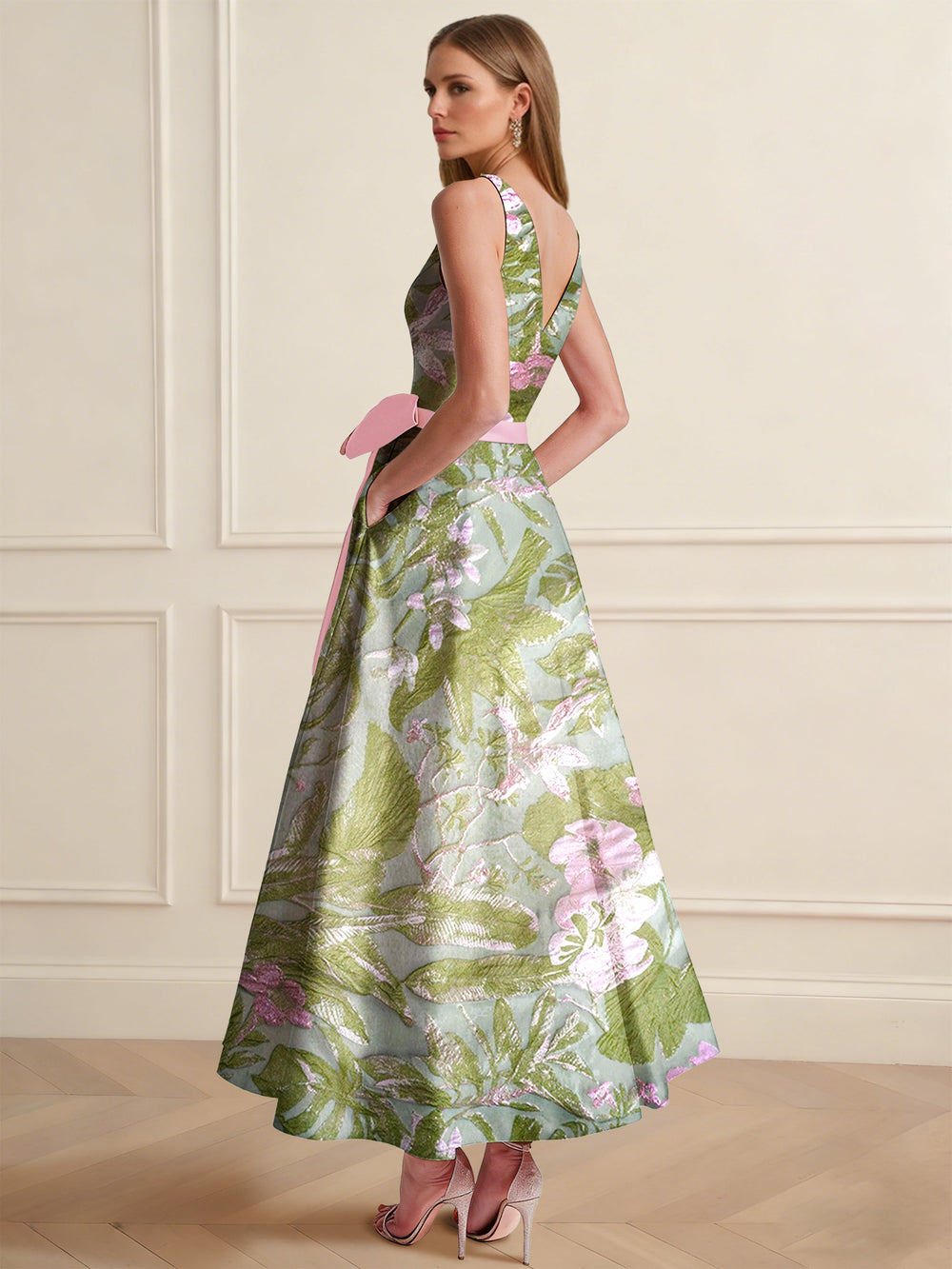 A-Line/Princess Cocktail Dresses Floral Formal V Neck Sleeveless Tea Length with Bowknot Pocket