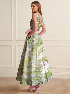 A-Line/Princess Cocktail Dresses Floral Formal V Neck Sleeveless Tea Length with Bowknot Pocket