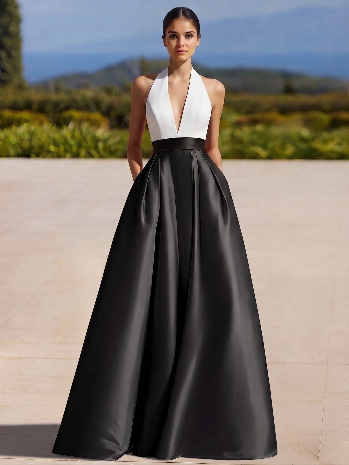A-Line Evening Gown Colorblock Formal Dress Floor Length Sleeveless Halter-Neck with Slit Pocket Prom