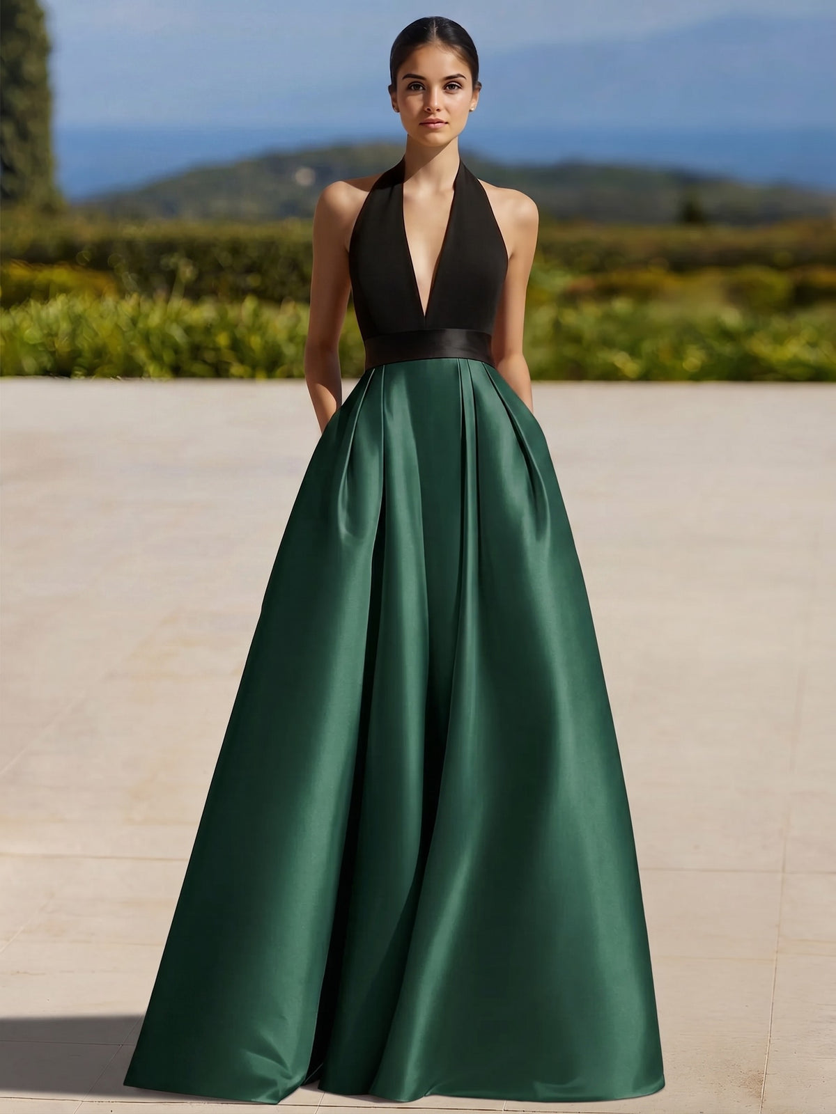 A-Line Evening Gown Colorblock Formal Dress Floor Length Sleeveless Halter-Neck with Slit Pocket Prom