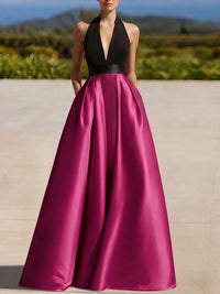 A-Line Evening Gown Colorblock Formal Dress Floor Length Sleeveless Halter-Neck with Slit Pocket Prom