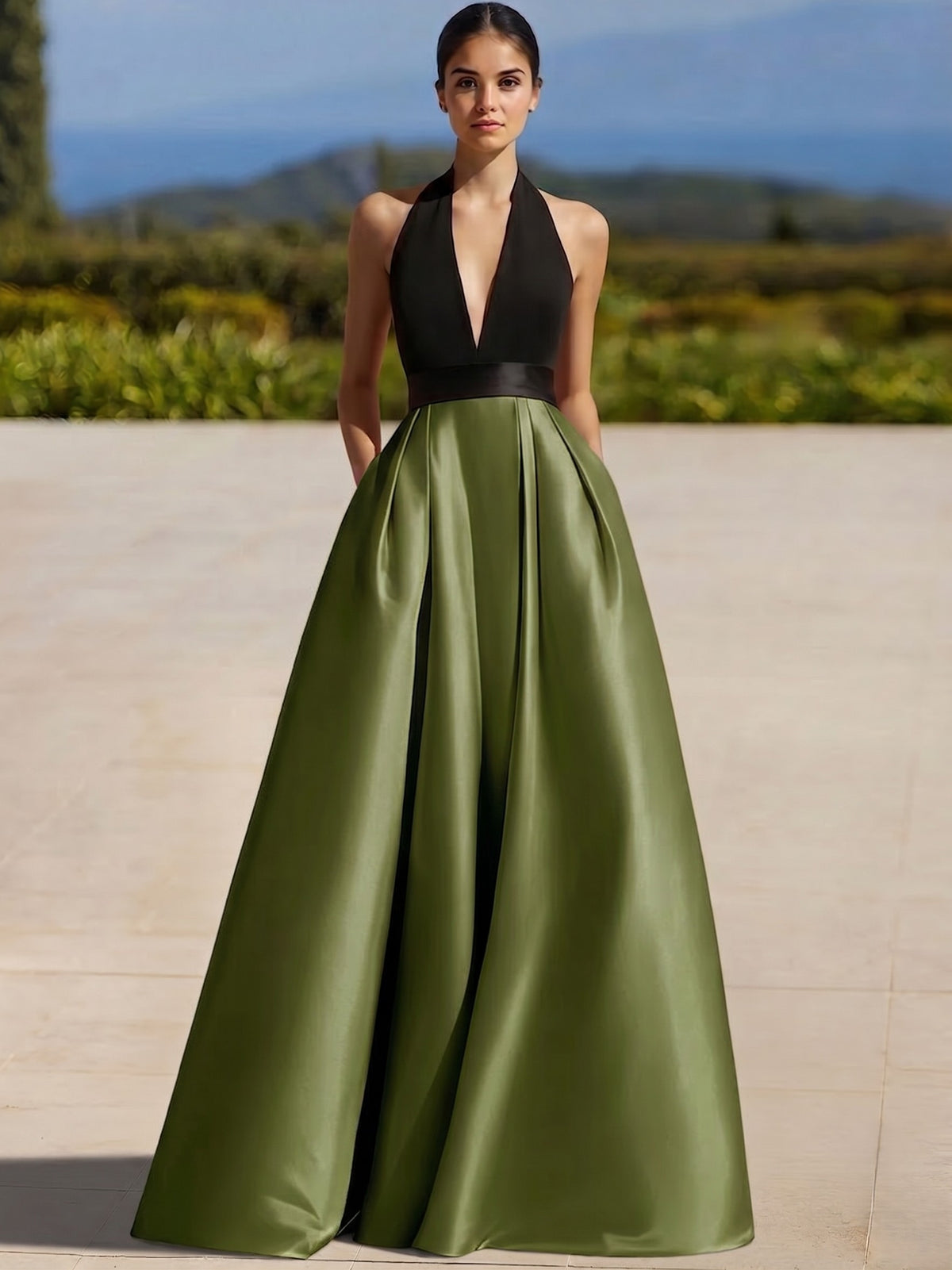 A-Line Evening Gown Colorblock Formal Dress Floor Length Sleeveless Halter-Neck with Slit Pocket Prom