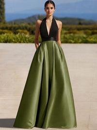 A-Line Evening Gown Colorblock Formal Dress Floor Length Sleeveless Halter-Neck with Slit Pocket Prom