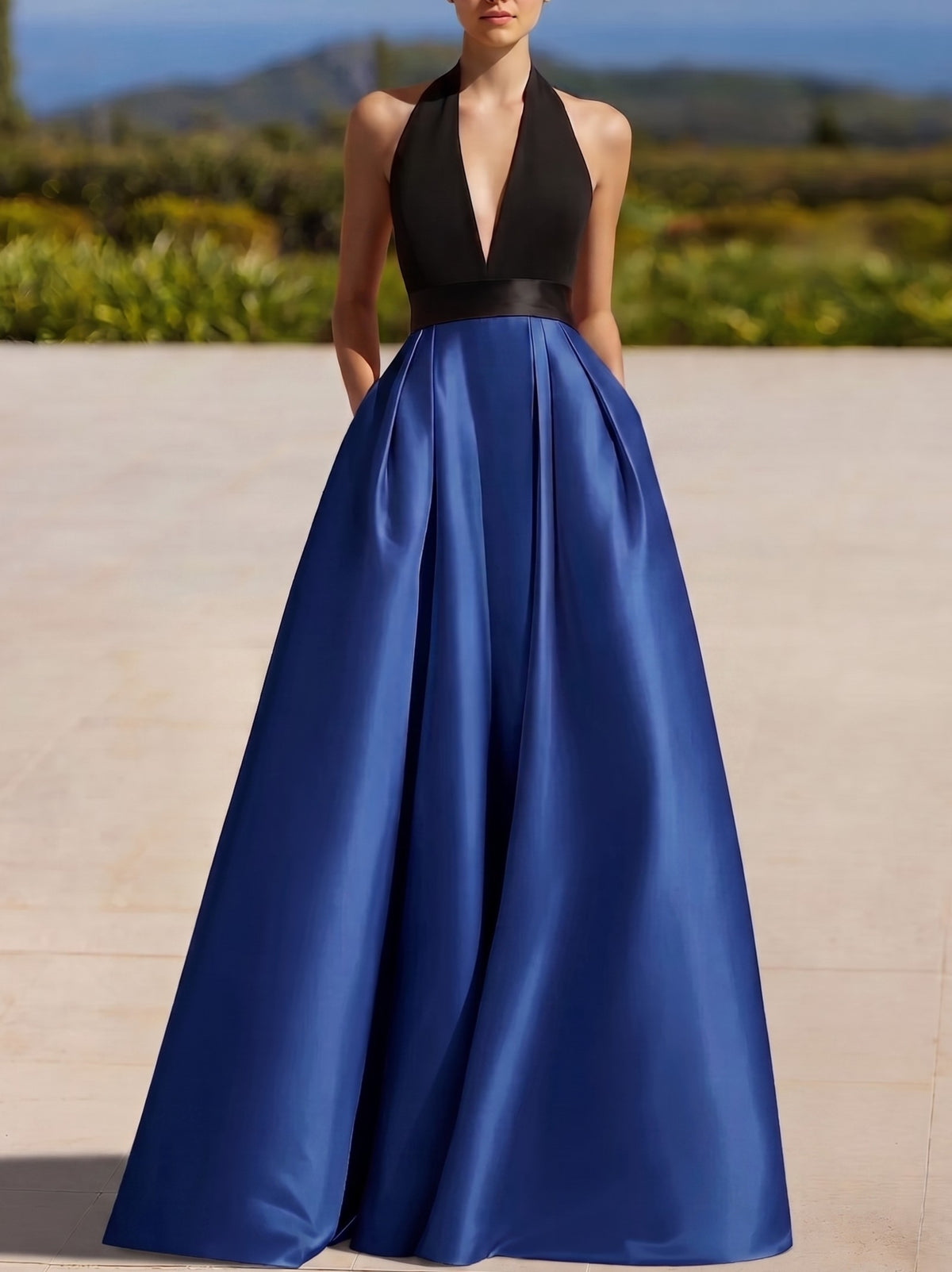 A-Line Evening Gown Colorblock Formal Dress Floor Length Sleeveless Halter-Neck with Slit Pocket Prom