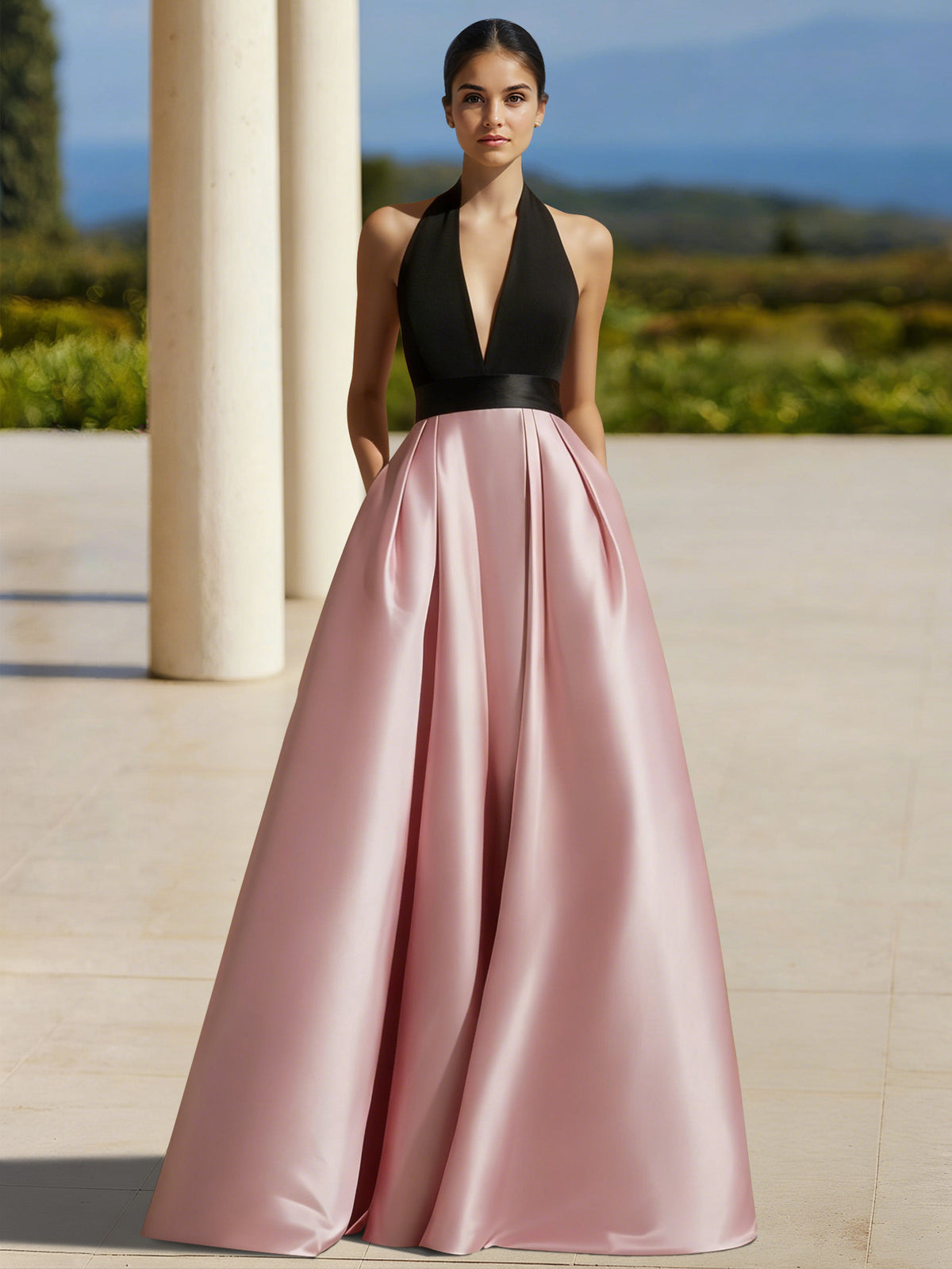 A-Line Evening Gown Colorblock Formal Dress Floor Length Sleeveless Halter-Neck with Slit Pocket Prom