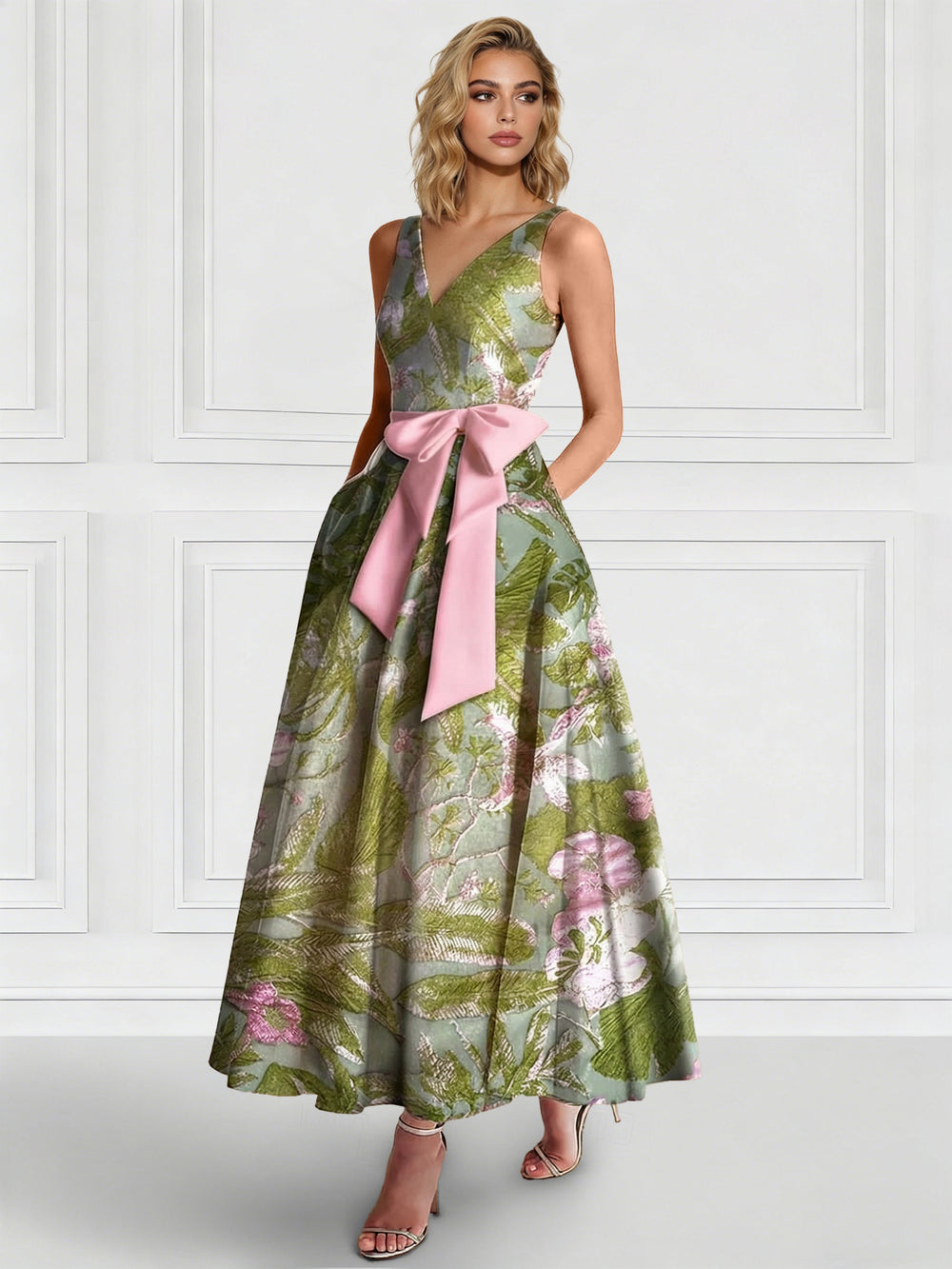 A-Line/Princess Cocktail Dresses Floral Formal V Neck Sleeveless Tea Length with Bowknot Pocket