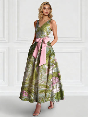 A-Line/Princess Cocktail Dresses Floral Formal V Neck Sleeveless Tea Length with Bowknot Pocket