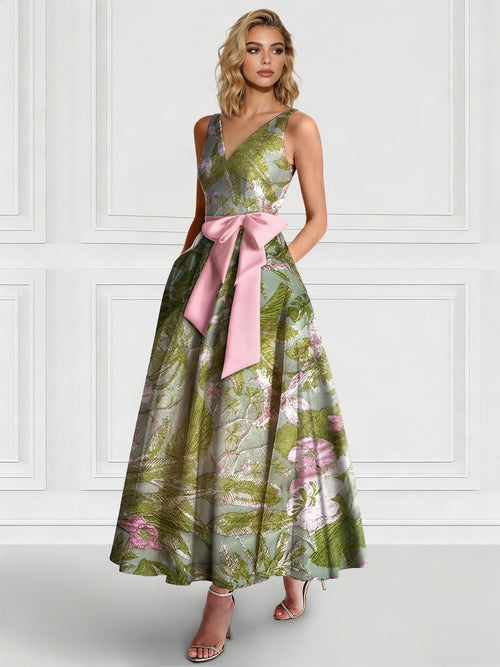 A-Line/Princess Cocktail Dresses Floral Formal V Neck Sleeveless Tea Length with Bowknot Pocket