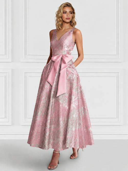 A-Line/Princess Cocktail Dresses Floral Formal V Neck Sleeveless Tea Length with Bowknot Pocket