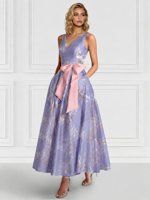 A-Line/Princess Cocktail Dresses Floral Formal V Neck Sleeveless Tea Length with Bowknot Pocket