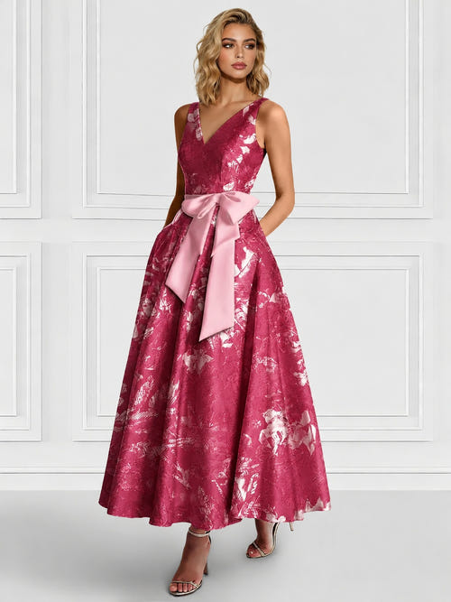 A-Line/Princess Cocktail Dresses Floral Formal V Neck Sleeveless Tea Length with Bowknot Pocket