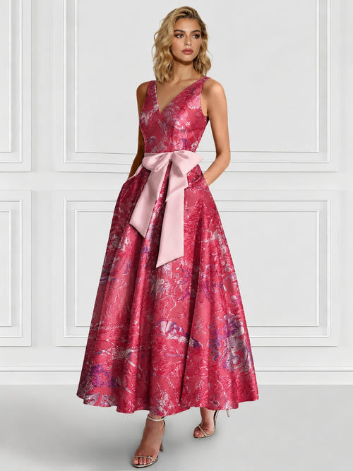 A-Line/Princess Cocktail Dresses Floral Formal V Neck Sleeveless Tea Length with Bowknot Pocket