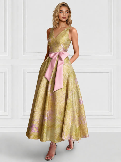 A-Line/Princess Cocktail Dresses Floral Formal V Neck Sleeveless Tea Length with Bowknot Pocket