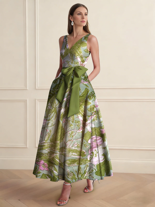A-Line/Princess Cocktail Dresses Floral Formal V Neck Sleeveless Tea Length with Bowknot Pocket