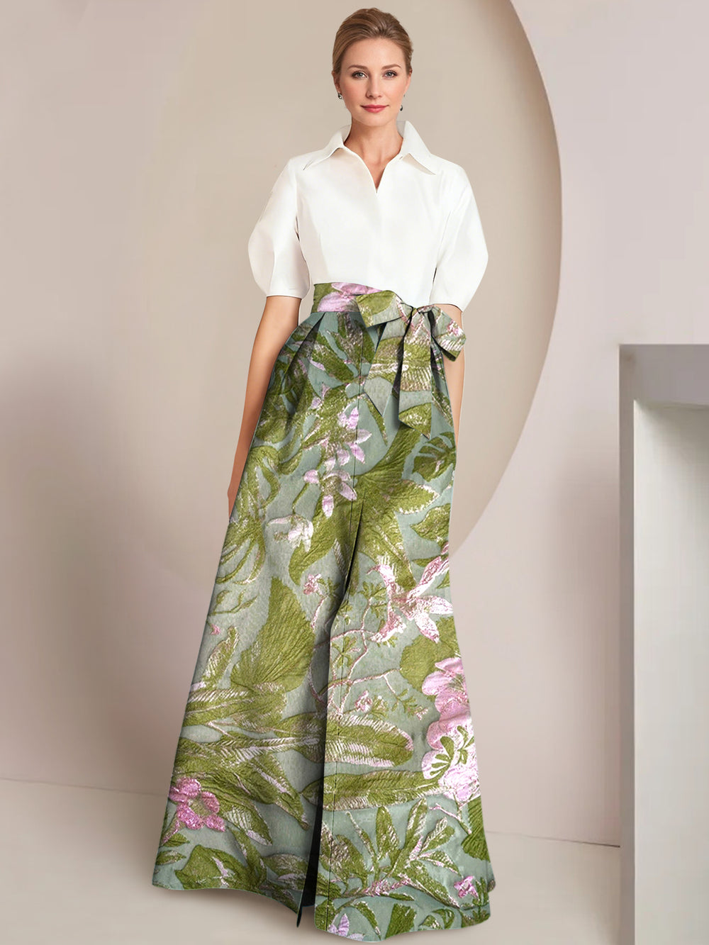A-Line/Princess Mother Of The Bride Dresses Floral Formal Shirt Collar Short Sleeves Floor-Length with Bowknot Pocket