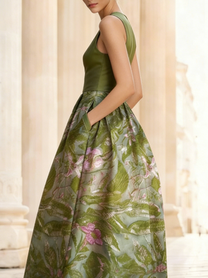 A-Line/Princesses Elegant Cocktail Dress Jacquard Floral Dress Tea-Length Sleeveless V Neck  Wedding Guest Dress with Pockets