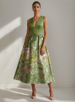 A-Line/Princesses Elegant Cocktail Dress Jacquard Floral Dress Tea-Length Sleeveless V Neck Wedding Guest Dress with Pockets