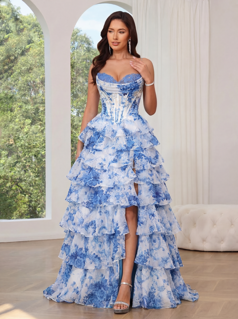 A-Line/Princess Floral Prom Dresses Floor-length Corset Dresses With Layered Ruffles