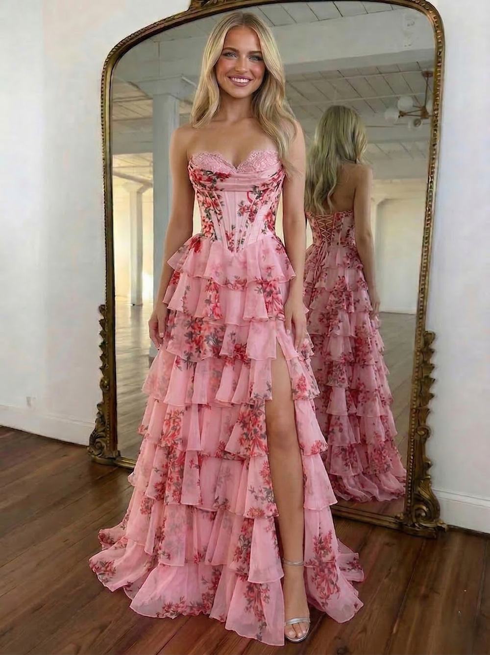A-Line/Princess Floral Prom Dresses Floor-length Corset Dresses With Layered Ruffles