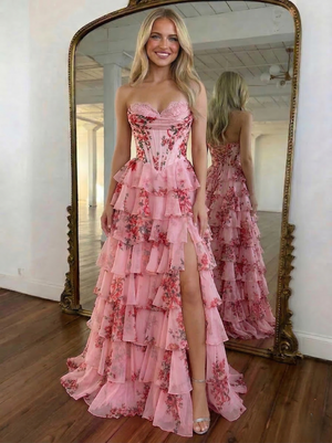 A-Line/Princess Floral Prom Dresses Floor-length Corset Dresses With Layered Ruffles