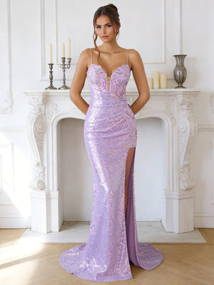 Sheath/Column Long Prom Dresses Sequin Party Dresses Spaghetti Straps&Sweetheart Sleeveless Floor-length With Side Split/Appliques