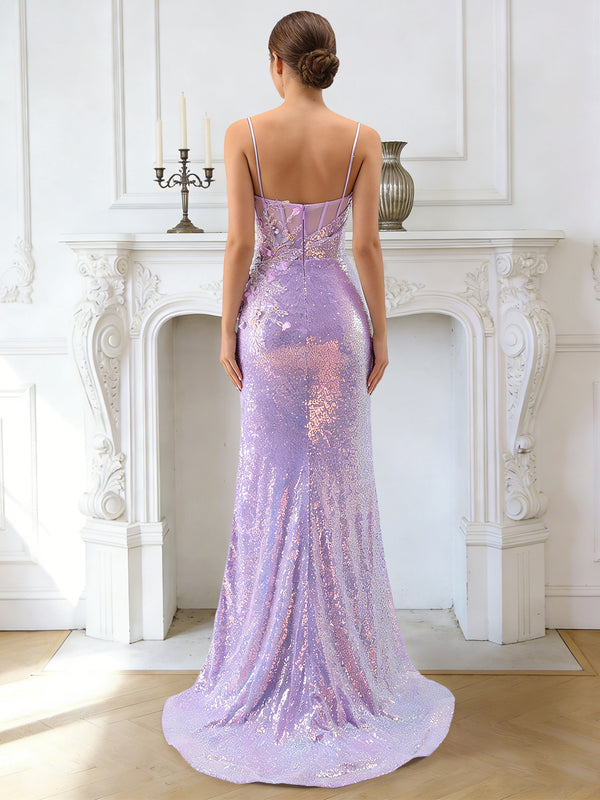 Sheath/Column Long Prom Dresses Sequin Party Dresses Spaghetti Straps&Sweetheart Sleeveless Floor-length With Side Split/Appliques